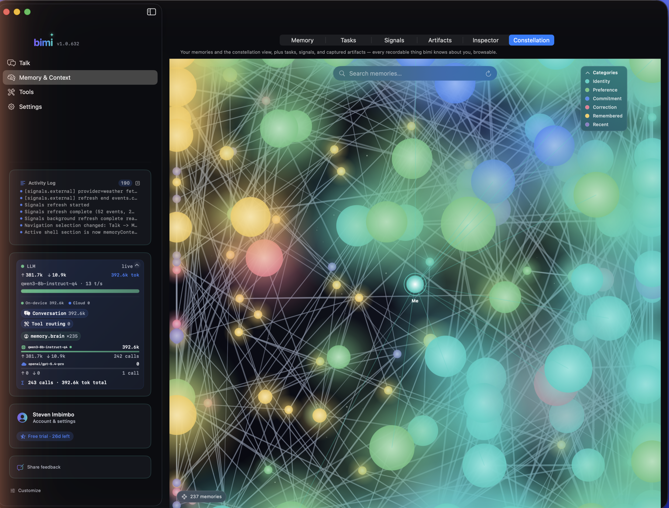 The bimi Memory Constellation — every fact bimi knows about you, drawn as a graph of glowing nodes.