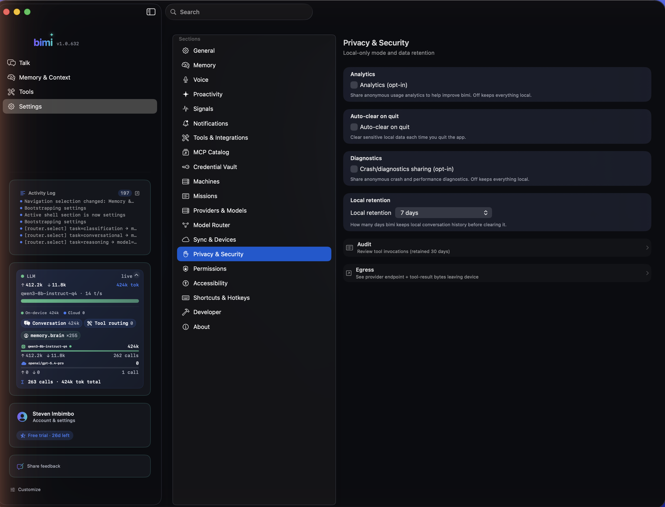 bimi Settings — Privacy & Security: analytics off by default, on-device-only mode, retention controls, audit log, egress visibility.