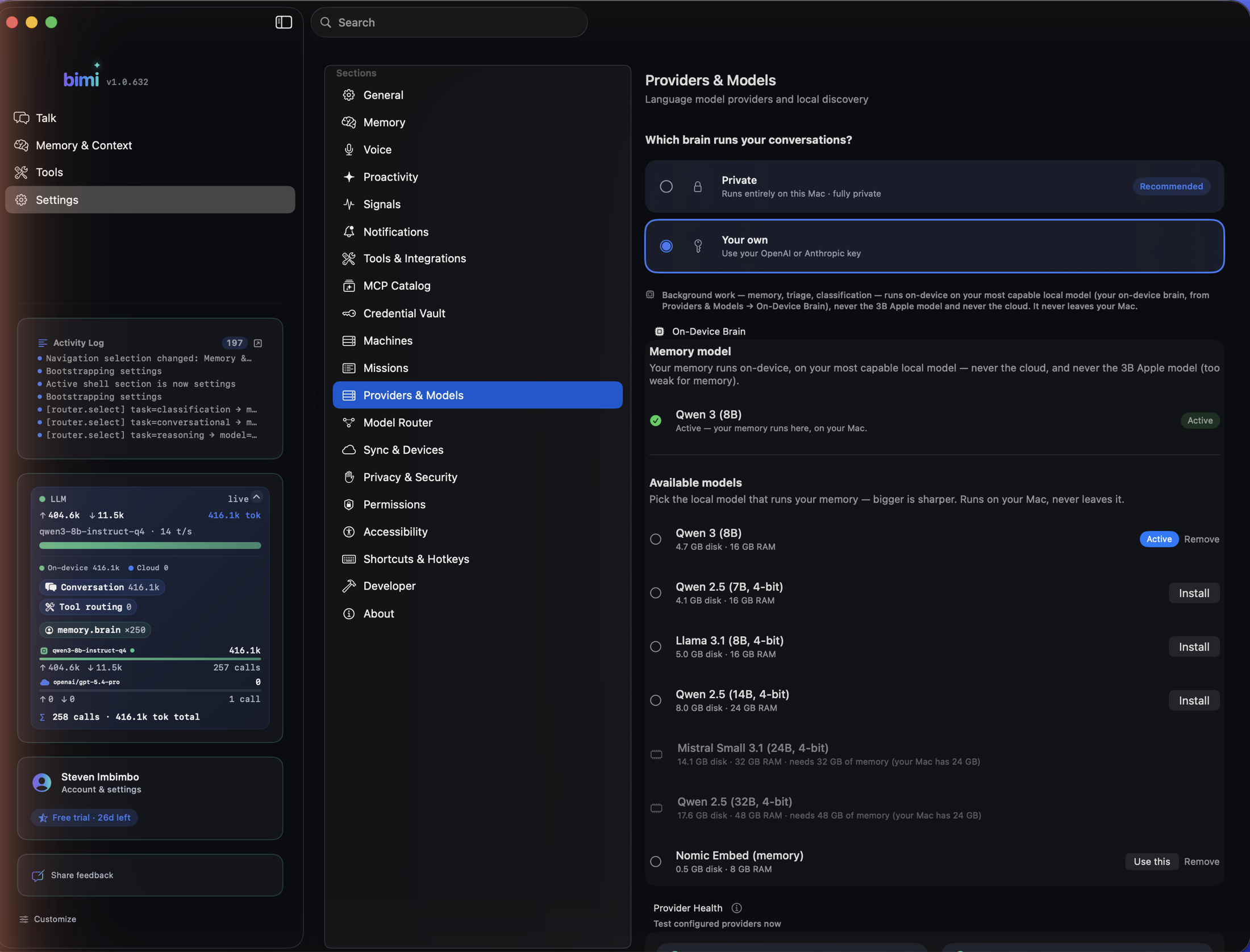 bimi Settings — one picker: which brain runs your conversations? Private (on-device) or your own provider key, with advanced routing tucked below.