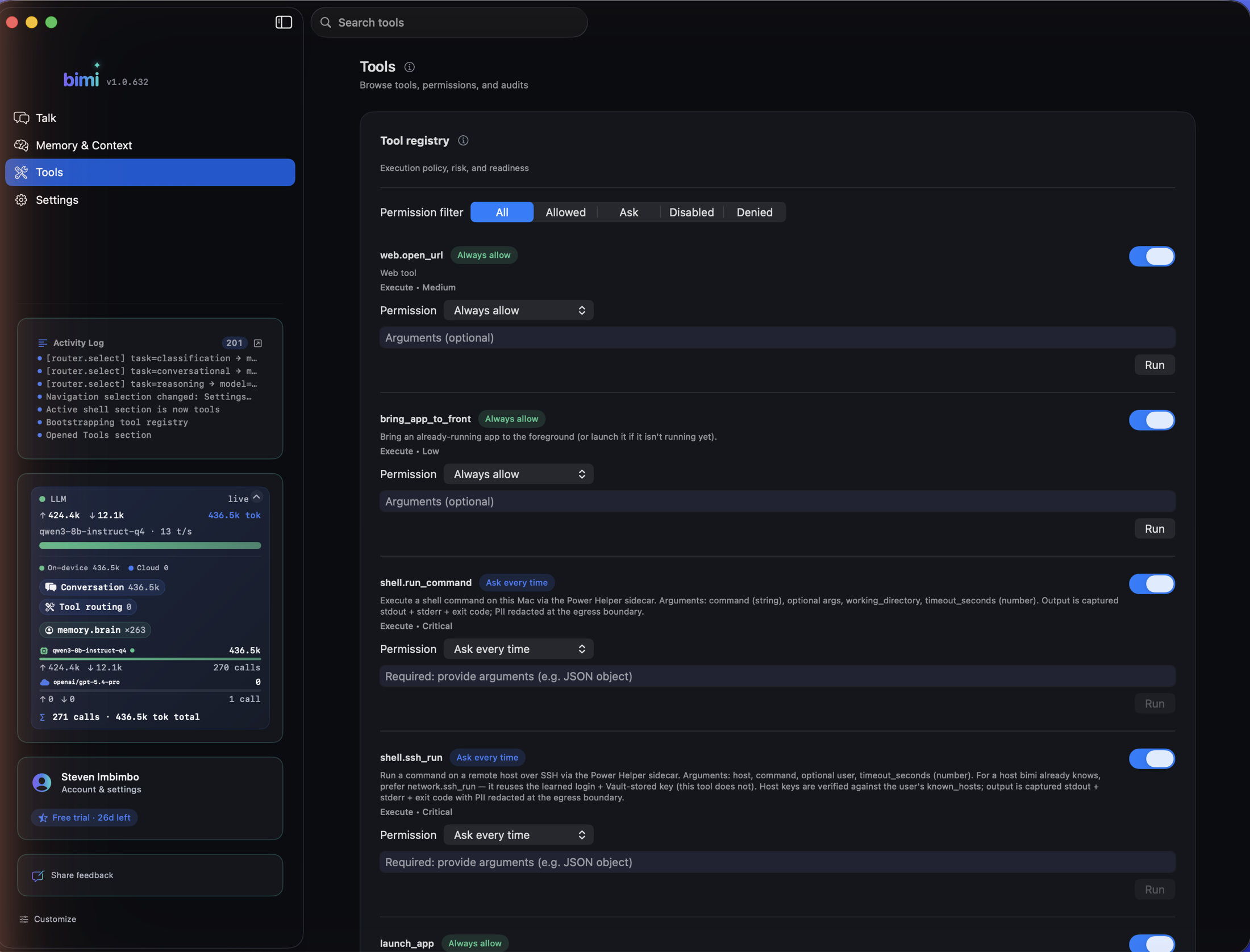 bimi Tools — a permission-gated registry of tools bimi can call, with execution policy and per-tool risk levels.